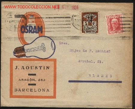 Francobolli: A-4161- Sobre Comercial franqueado en 1934 OSRAM