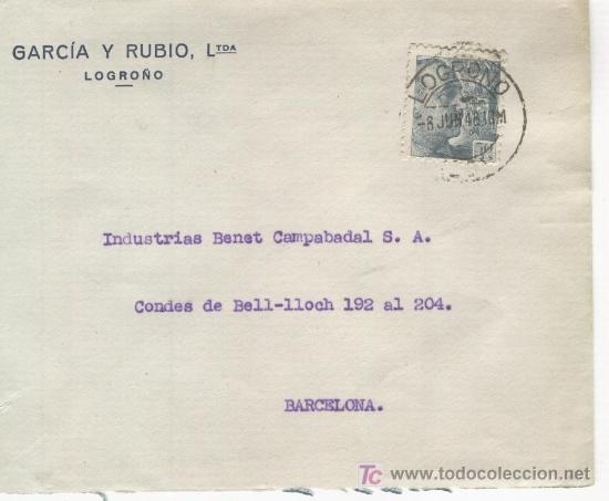 Sellos: SOBRE DE GARCIA Y RUBIO . LOGRO&Ntilde;O. 1946. - Foto 1