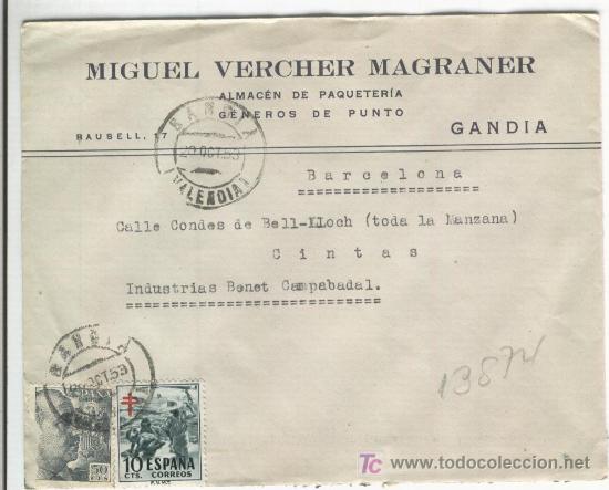 Francobolli: SOBRE DE MIQUEL VERCHER MAGRANER. ALMACEN DE GENEROS DE PUNTO. GANDIA. A&Ntilde;O 53.