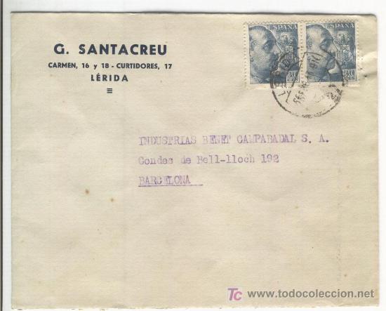 Sellos: SOBRE DE G. SANTACREU. LLEIDA. LERIDA. 1943. - Foto 1
