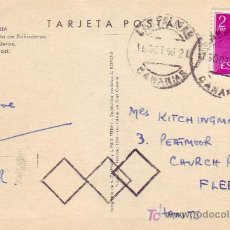 Sellos: TARJETA POSTAL CIRCULADA 1956 DE LAS PALMAS (CANARIAS) A INGLATERRA. MATASELLOS FECHADOR. MPM.