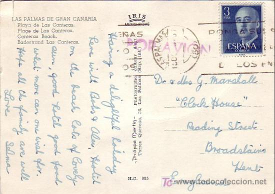 Timbres: TARJETA POSTAL PLAYA DE LAS CANTERAS, CIRCULADA DE LAS PALMAS A INGLATERRA. MATASELLOS RODILLO. MPM.