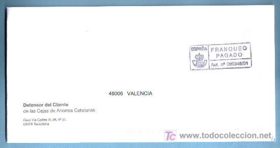Sellos: SOBRE FRANQUEO PAGADO. DEFENSOR DEL CLIENTE. AUTORIZACION N&ordm; 08034?/01 - Foto 1