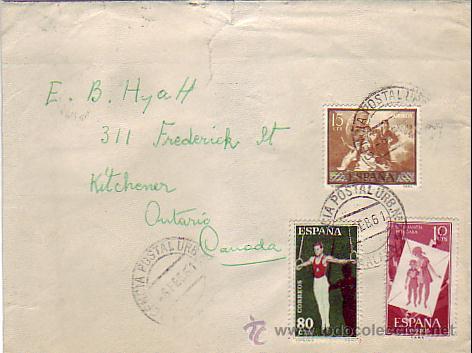 Timbres: DEPORTES 1960 GOYA Y PRO INFANCIA HUNGARA EN CARTA CIRCULADA 1961 DE MALAGA A ONTARIO (CANADA). MPM.