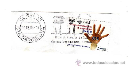 Francobolli: FRAGMENTO DE SOBRE CON MATASELLOS DEL 3 DE JUNIO DE 2008 (CON MARCA DE RODILLO CONTRA LA VIOLENCIA..