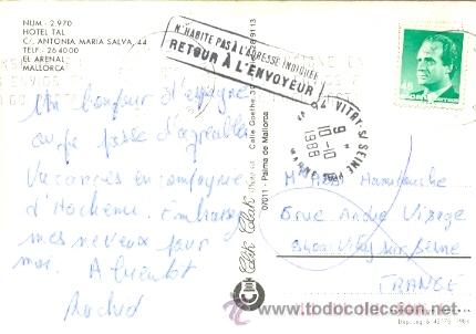 Sellos: Tarjeta circulada desde el Arenal (Baleares) a Francia y devuelta por desconocido, ver marcas - Foto 1 - 9333095