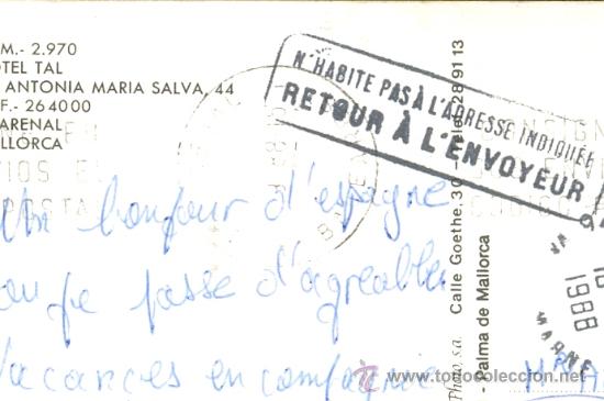 Sellos: Tarjeta circulada desde el Arenal (Baleares) a Francia y devuelta por desconocido, ver marcas - Foto 4 - 9333095