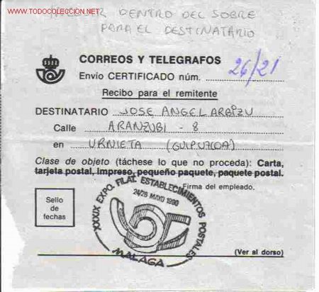 Sellos: RESGUARDO CERTIFICADO CON MAT MALAGA ESTABLECIMIENTOS POSTALES - Foto 1