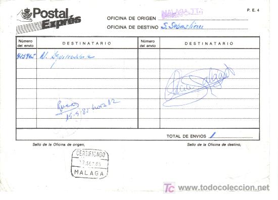 Sellos: DOCUMENTO INTERNO DE CORREOS CON MAT CERTIFICADO MALAGA 1985 - Foto 1