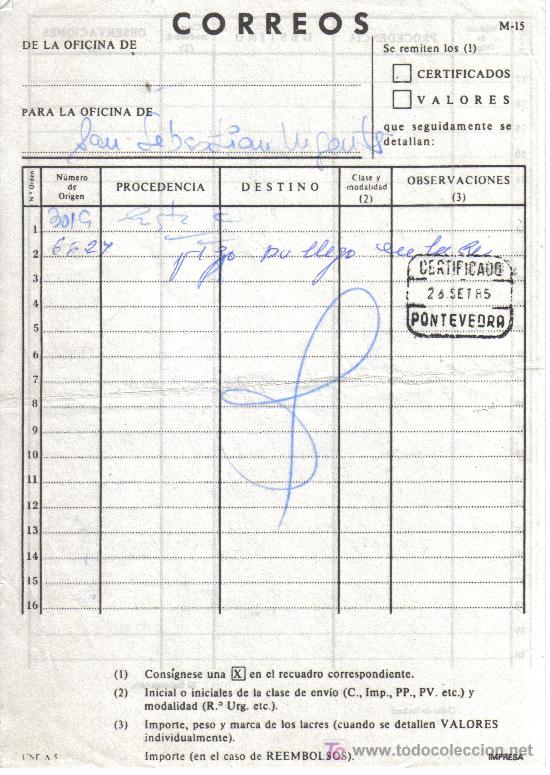 Sellos: DOCUMENTO INTERNO DE CORREOS CON MAT CERTIFICADO PONTEVEDRA 1985, - Foto 1