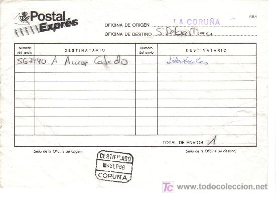 Sellos: DOCUMENTO INTERNO DE CORREOS CON MAT CERTIFICADO 1986 CORU&Ntilde;A - Foto 1