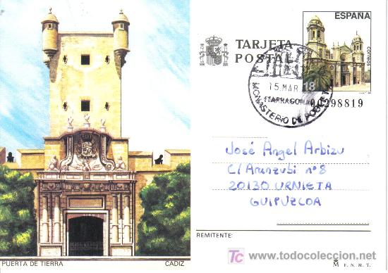 Sellos: ENTERO POSTAL CADIZ CON MAT MONASTERIO DE POBLET TARRAGONA - Foto 1
