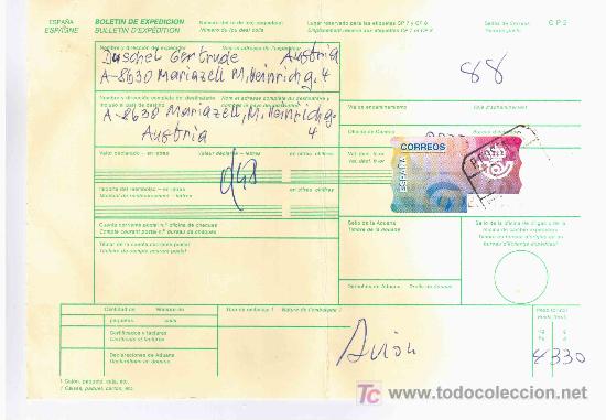 Sellos: BOLETIN PAQ POSTAL A AUSTRIA CON ATM doblado - Foto 1