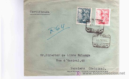 Sellos: MERIDA BADAJOZ CC CERTIFICADA A BELGICA 1952 - Foto 1