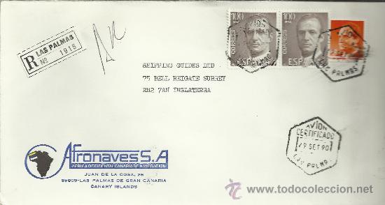 Sellos: CANARIAS CC CORREO AEREO CERTIFICADO MAT HEXAGONAL LAS PALMS 1990 - Foto 1