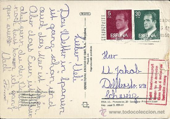 Sellos: POSTAL DE LLORET DE MAR A SUIZA CON MARCA DE DEVOLUCION con da&ntilde;os a la derecha - Foto 1