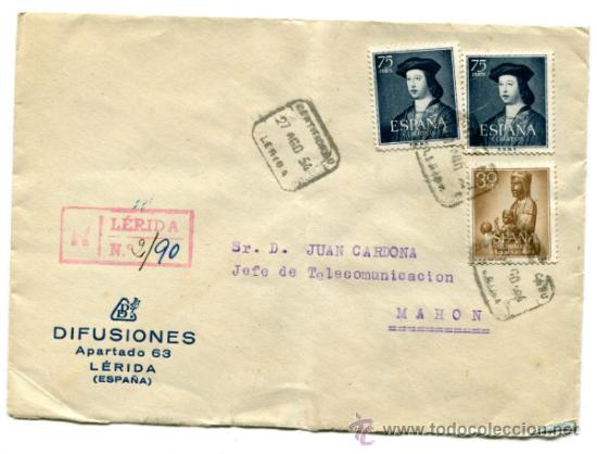 Timbres: Sobre circulado con dos sellos Edifil 1107. Destino Mah&oacute;n, Menorca.  A&ntilde;o 1954