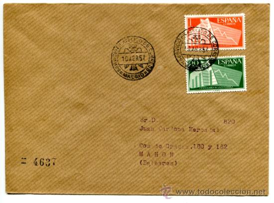 Timbres: Sobre circulado. Destino Mah&oacute;n, Menorca.  A&ntilde;o 1954
