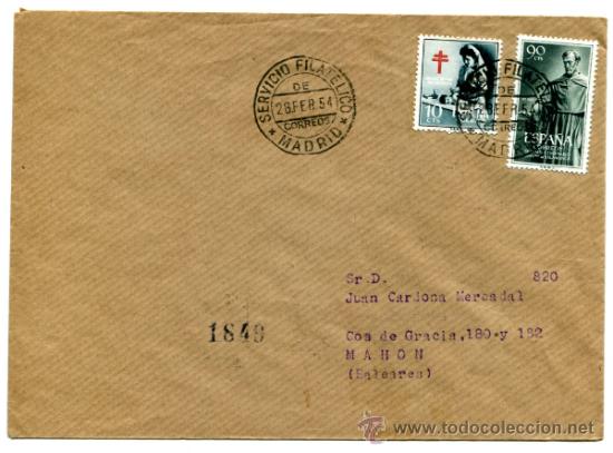 Timbres: Sobre circulado con el sello Edifil 1127. Destino Mah&oacute;n, Menorca.  A&ntilde;o 1954
