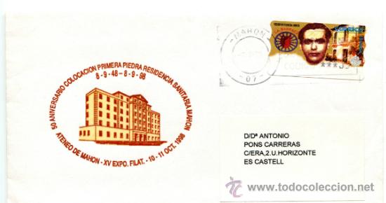 Francobolli: Sobre  circulado con matasello 50 aniversario residencia de Mah&oacute;n, Menorca. A&ntilde;o 1998