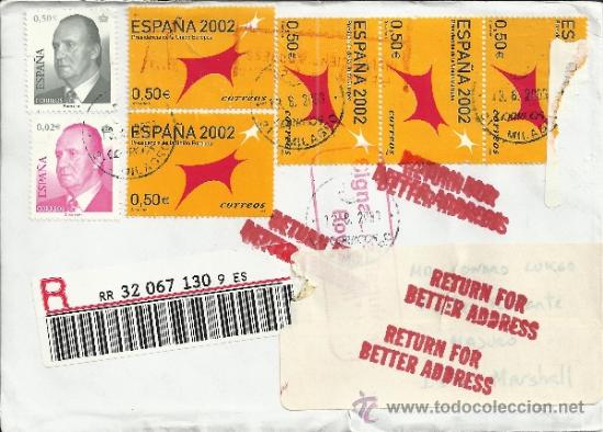 Sellos: ESPA&Ntilde;A CC CERTIFICADA A MARSHALL ISLANDS DEVUELTA AL DORSO MAT BARRIGUDA GUAM - Foto 1
