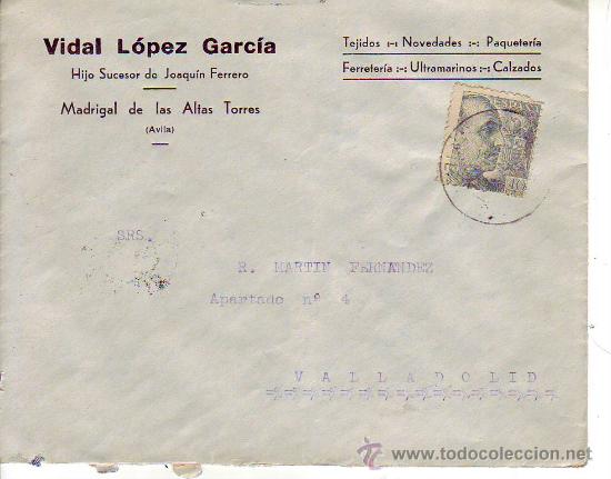Timbres: sobre comercial circulado-madrigal de las altas torres avila-valladolid- a&ntilde;os 40