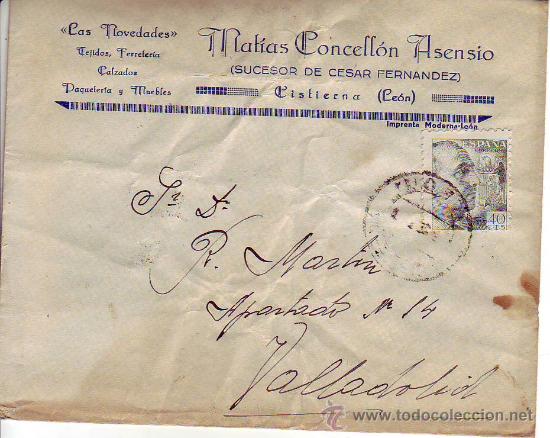 Francobolli: sobre comercial circulado-cistierna leon-valladolid-a&ntilde;os 40