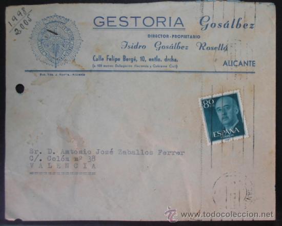 Stamps: (34) SOBRE CON SELLO, GESTORIA GOSALBEZ, ALICANTE, CONSERVACION: