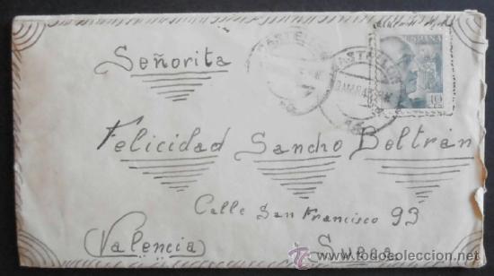 Francobolli: (5032)SOBRE CON SELLO,DE CASTELLON A SUECA,VALENCIA,1943,CONSERVACION: