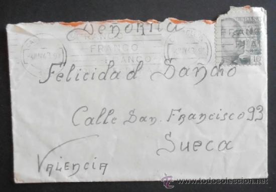 Francobolli: (5035)SOBRE CON SELLO,DE CASTELLON A SUECA,VALENCIA,1943, CONSERVACION: