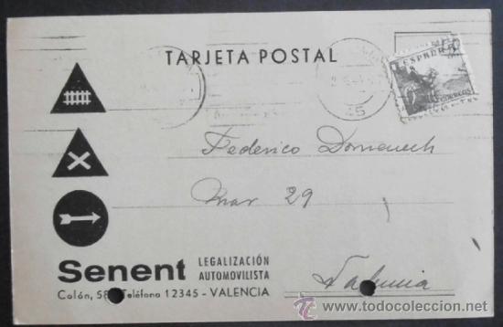 Timbres: (5082)TARJETA POSTAL,LEGALIZACION AUTOMOVILISTICA SENENT,VALENCIA,1944,CONSERVACION: