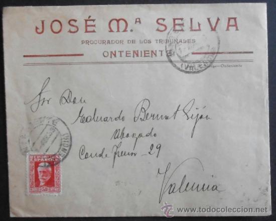 Timbres: (5114)SOBRE CON SELLO,J.M.SELVA,PROCURADOR,ONTENIENTE A VALENCIA1933,CONSERVACION: