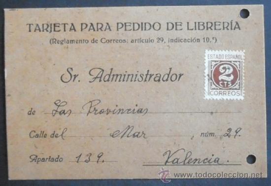 Francobolli: (5222)TARJETA POSTAL,BERNARDO PIERA LLOPIS,CARCAGENTE A VALENCIA,,1940,CONSERVACION: