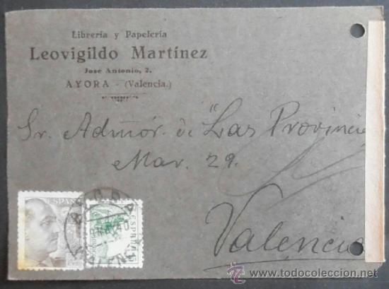 Timbres: (5324)TARJETA POSTAL,LIBRERIA LEOVIGILDO MARTINEZ,AYORA A VALENCIA,1940,CONSERVACION:
