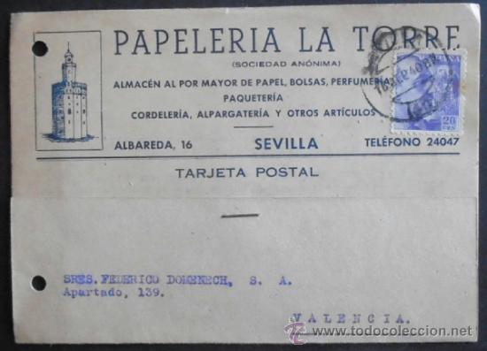 Francobolli: (5329)TARJETA POSTAL,PAPELERIA LA TORRE,SEVILLA A VALENCIA,1940,CONSERVACION: