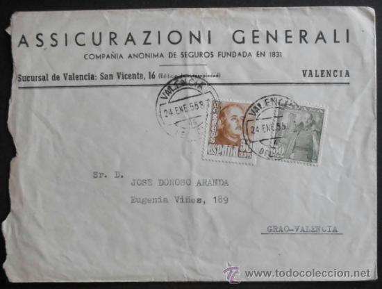 Sellos: (5374A)SOBRE CON SELLO,ASSICURAZIONI GENERALI,VALENCIA,1955,CONSERVACION: