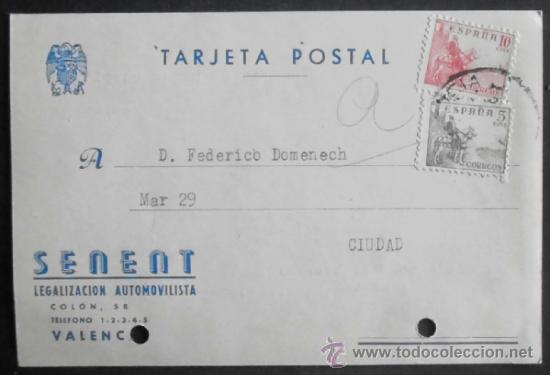 Stamps: (5438)TARJETA POSTAL,SENENT LEGALIZACION AUTOMOVILISTICA,VALENCIA,1943,CONSERVACION: