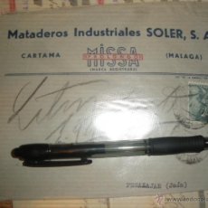Sellos: MATADEROS INDUSTRIALES SOLER, MISSA. SALCHICHON PROLONGO. CARTAMA MALAGA 1948. SOBRE DECORADO.