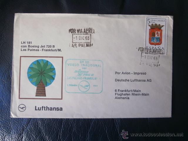Timbres: SOBRE CONMEMORATIVO,VUELO INAUGURAL,LAS PALMAS-FRANKFURT,1963-LUFTHANSA-VIA AEREA