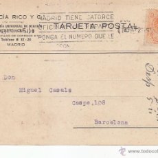 Sellos: MADRID TIENE CATORCE OFICINAS DE REPARTO...RARO MATASELLOS DE RODILLO TARJETA COMERCIAL 1923 MADRID.
