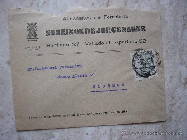 Sellos: SOBRE CIRCULADO.  SOBRINOS DE JORGE SAENZ.  VALLADOLID. - Foto 1