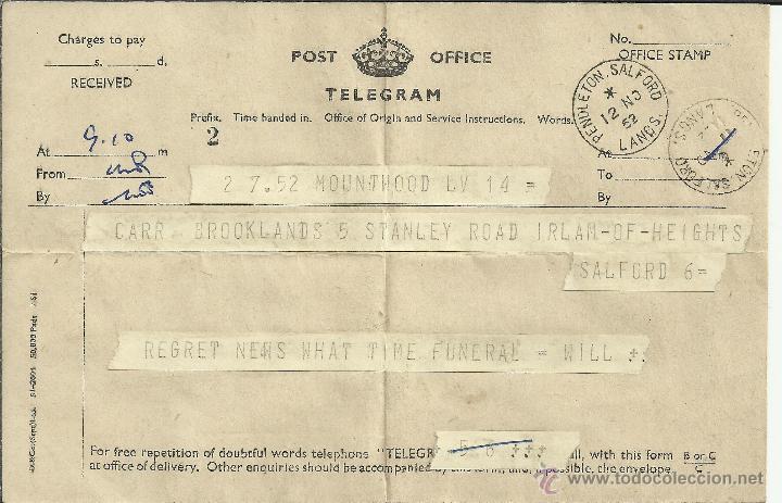 Sellos: INGLATERRA TELEGRAMA 1952 MAT PENDLETON SALFORD - Foto 1