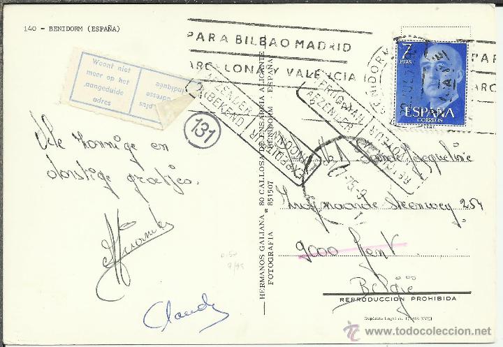 Sellos: BENIDORM TP A BELGICA CON MARCAS DESCONOCIDO Y DEVOLUCION - Foto 1