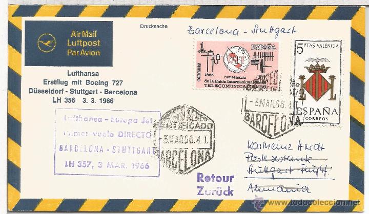 Sellos: BARCELONA CC PRIMER VUELO 1966 A STUTTGART MAT HEXAGONAL - Foto 1