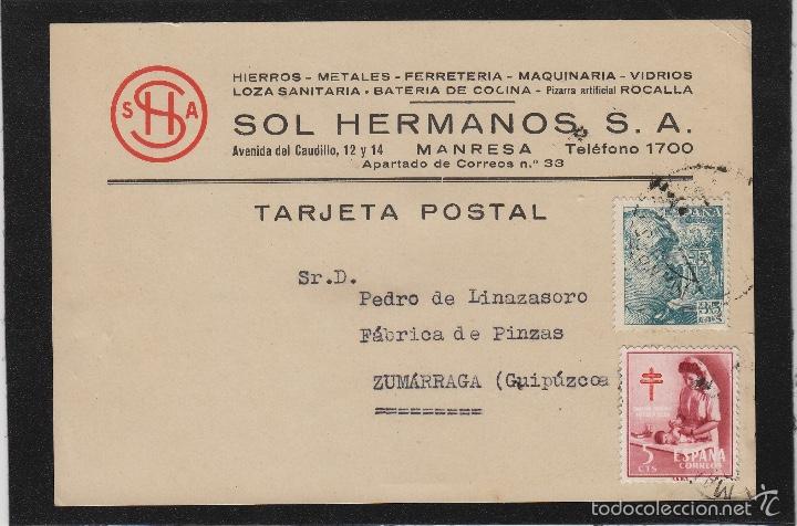 TARJETA COMERCIAL - SOL HERMANOS ,FERRETERÍA MANRESA ( BARCELONA ) AÑO 1954 (Sellos - Historia Postal - Sello Español - Sobres Circulados)