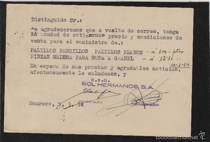 Sellos: TARJETA COMERCIAL - SOL HERMANOS ,ferretería MANRESA ( BARCELONA ) año 1954 - Foto 2 - 56702013
