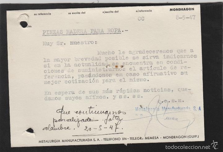 Sellos: TARJETA COMERCIAL - METALURGIA MANUFACTURADA . MONDRAGÓN ( GUIPUZCOA ) año 1947 - Foto 2 - 56702222