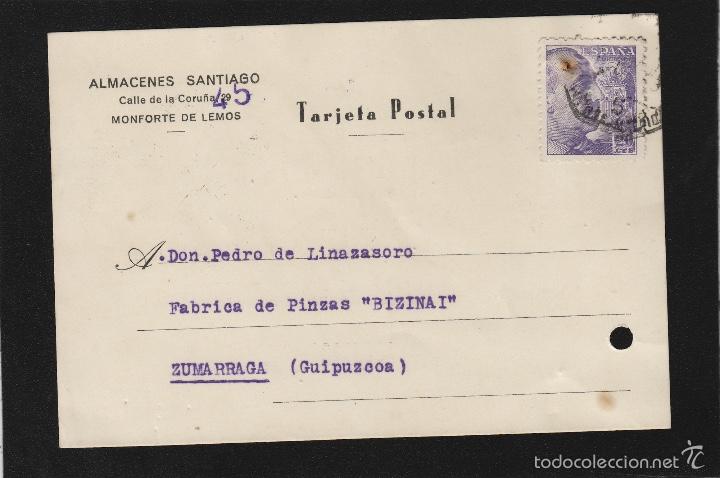 Sellos: TARJETA COMERCIAL - ALMACENES SANTIAGO . MONFORTE DE LEMOS ( LUGO ) año 1945 mat ambulante y llegada - Foto 1 - 56702548