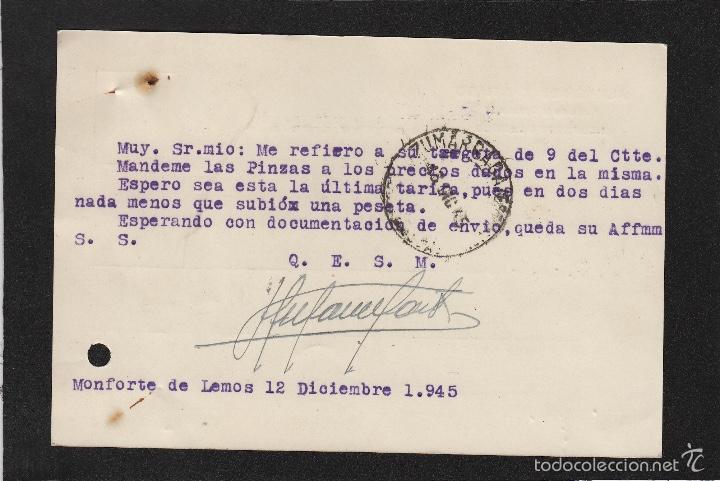 Sellos: TARJETA COMERCIAL - ALMACENES SANTIAGO . MONFORTE DE LEMOS ( LUGO ) año 1945 mat ambulante y llegada - Foto 2 - 56702548
