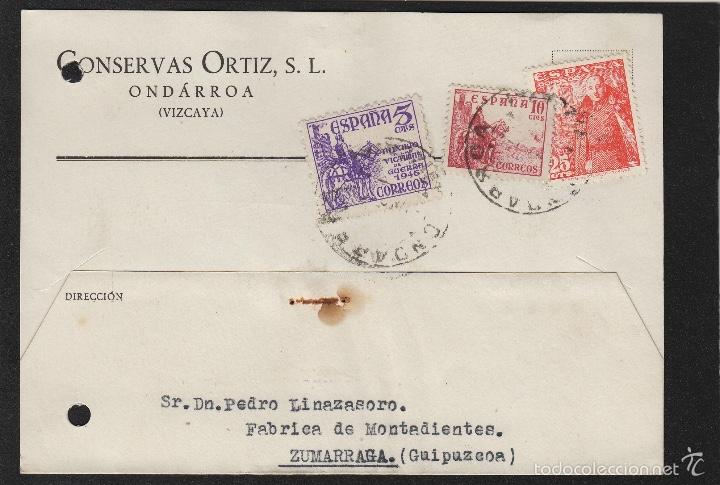 Sellos: TARJETA COMERCIAL - CONSERVAS ORTIZ - ONDARROA ( VIZCAYA ) año 1951 .dest ZUMARRAGA (Guipúzcoa) - Foto 1 - 56720339